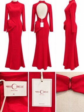 NWT Miss Circle Red Maxi Dress XS Open Back Bow Long Sleeve Gown